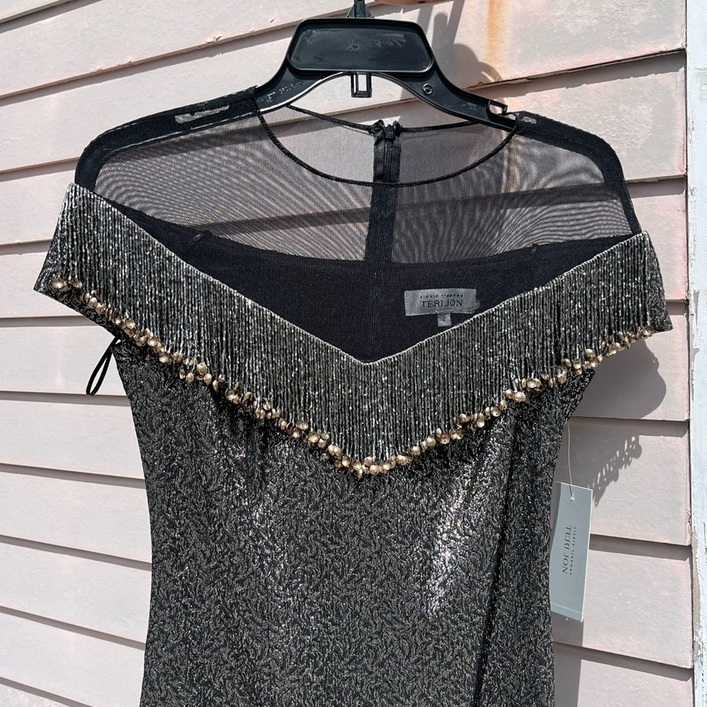 Teri Jon Metallic Silver & Black Fringe Midi Dress